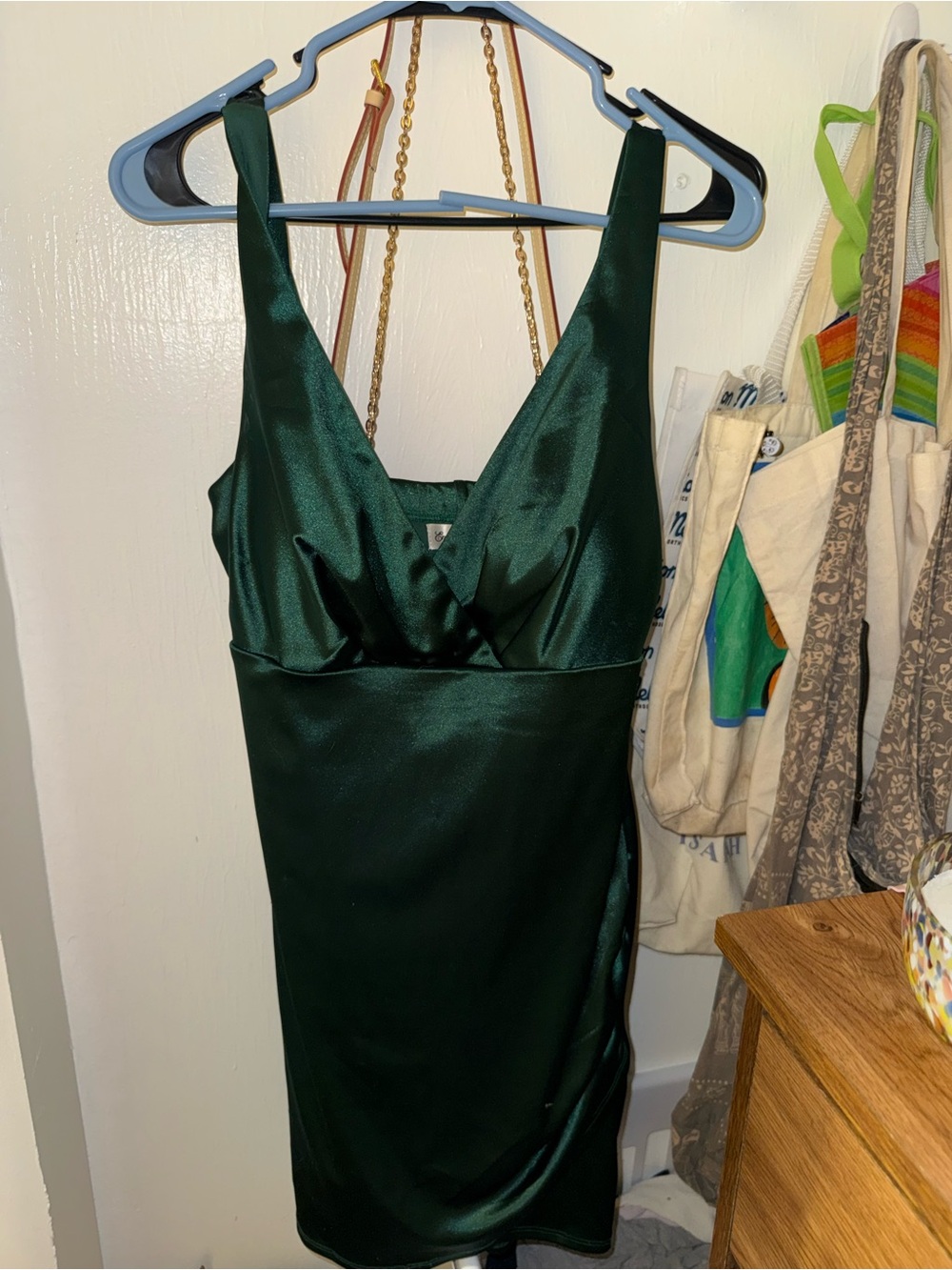 Emerald Sundae Deep Green Satin V-Neck Dress